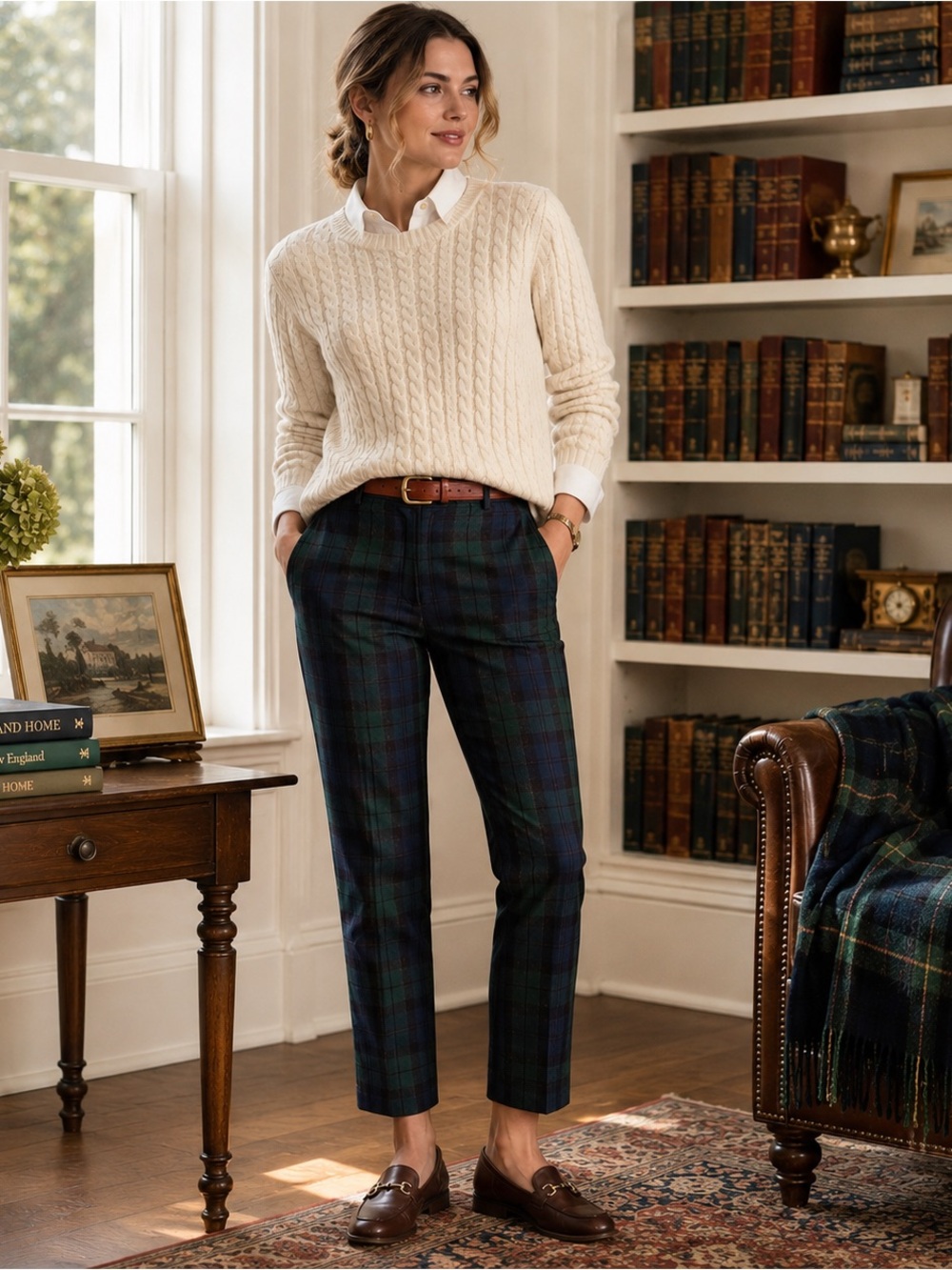 J.Crew Kallie Pant Sz 8 Tartan Plaid Navy Green Cropped Stretch Trouser Preppy